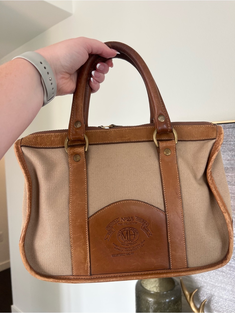Ghurka Tan Canvas with Brown Leather Trim Satchel
